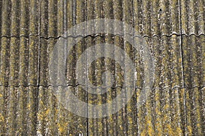 Roof of a country house, covered with gray slate, close-up. Old roof covered with slate. Green moss grows between slate