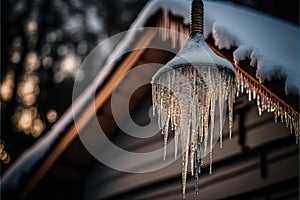 a roof covered in ice and icicles next to a house with a shingled roof and a shingled roof