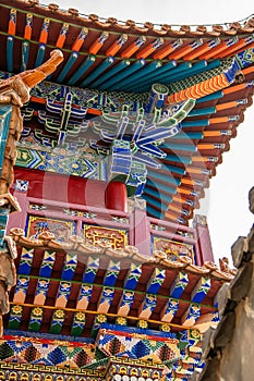 Roof decorations and architectural details at Da Zhao temple, Hohhot, China