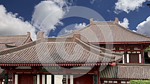 Roof decorations on the territory Giant Wild Goose Pagoda, is a Buddhist pagoda located in southern Xian Sian, Xi`an, Shaanxi pr