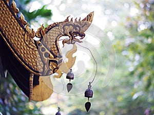 Roof detail of antique historic Thai buddhism temple architecture northern Thailand style