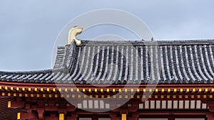 Roof details of Shitennoji oldest Buddhist Temple in Japan founded in 593 by the prince Shotoku Taishi in Osaka