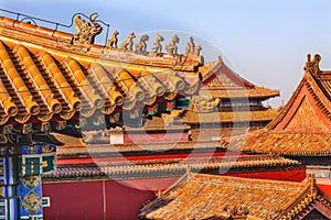 Roof Figurines Yellow Roofs Forbidden City Palace Beijing China