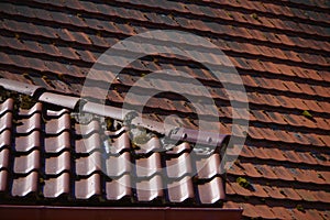 Roof with flat roof tiles and ridge tiles in the foreground and beaver tile roof behind, 2