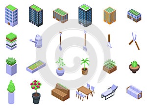 Roof gardening icons set isometric vector. Building house