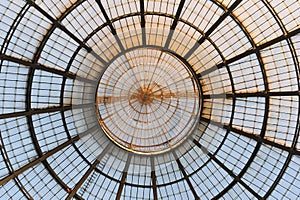 The roof of the glass dome of the pavilion with metal frames in the gallery in Milan, Italy