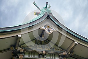 The roof of Hokoku Shrine Haiden in the Osaka Castle. Osaka. Japan