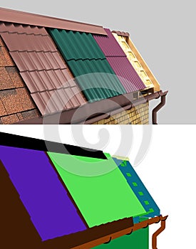 the roof of the house concept different types of roofing on a wooden frame 3d render with alpha