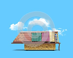 the roof of the house concept different types of roofing on a wooden frame 3d render on blue background