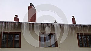 Roof ice dams. Erzurum in Turkey. Cold weather -50 degrees Celsius