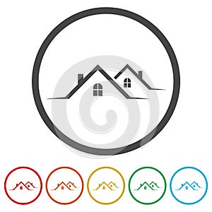 Roof icon. Real estate logo. Set icons in color circle buttons
