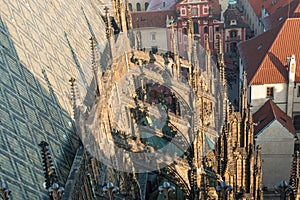 Roof line of the gothic St Vitus Cathedral in the Prague Castle Complex