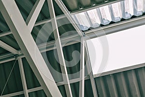 Roof metal structure, Transparent acrylic roof, Factory or warehouse natural lighting construction