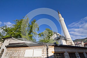 Roof and minaret of the Gazi Husrev Begova mosque in Sarajevo.