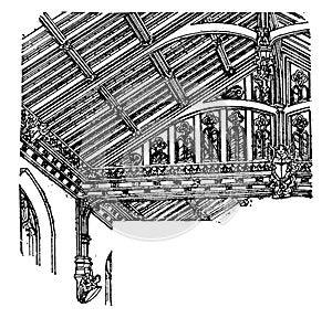 Roof of Nave, St. Mary`s, Westonzoyland, vintage engraving