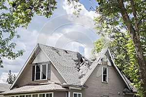 Roof of an old house burned and caved in.