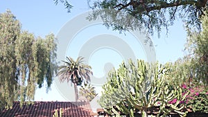 Roof of old mexican house tiled, ceramic clay tiles. Suburban California garden.