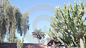 Roof of old mexican house tiled, ceramic clay tiles. Suburban California garden.