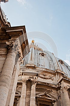 Roof panoramic view to dome of St Peter`s cathedral in Vaticano