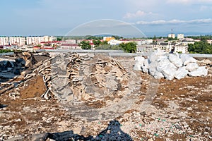 Roof repair, concrete ruins of old roof apartament