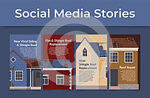 Roof repair construction improvement service social media stories set vector isometric illustration