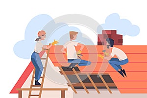 Roof Repair with People Construction Workers Characters Working Vector Illustration