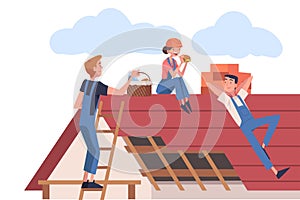 Roof Repair with People Construction Workers Characters Working Vector Illustration