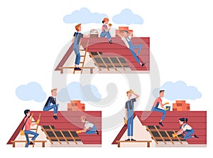 Roof Repair with People Construction Workers Characters Working Vector Set
