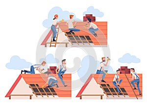 Roof Repair with People Construction Workers Characters Working Vector Set