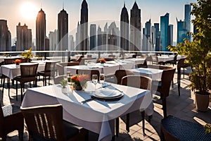 Roof of a restaurant with views of the metropolis and skylines and tables and chairs