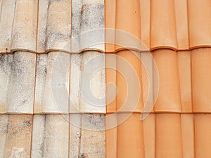 Before after roof restauration tiles half clean and dirty after the passage of a high-pressure jet