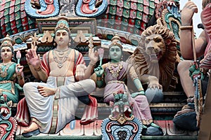 The Hindu deities on the roof of Sri Mariamman Hindu temple in Chinatown Singapore