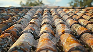 roof with rusted tiles, highlighting the deterioration and weathering of the roofing material. The rusted tiles add