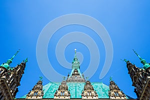 Roof shape view of the beautiful famous Hamburg town hall in Altstadt quarter, Hamburg, Germany
