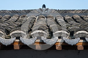 Roof shingles of houses in Xinchang Ancient Town in Shanghai, China