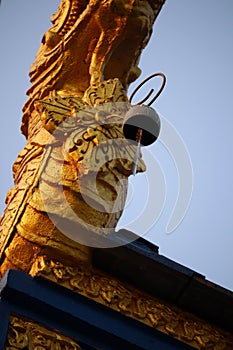 Roof structure Beautiful blue thai temple in the morning sky background