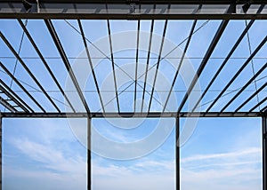 The roof structure lines is made of steel with sky