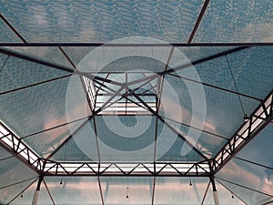 A roof structure seen from below