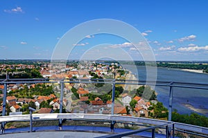 The roof structure of the Vukovar water tower with a panoramic view of Vukovar