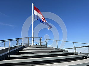 The roof structure of Vukovar water tower with a panoramic view of Vukovar and Danube / Krovna konstrukcija vukovarskog vodotornja