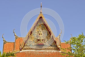 Roof style of Thai temple with gable apex on the top with blue s