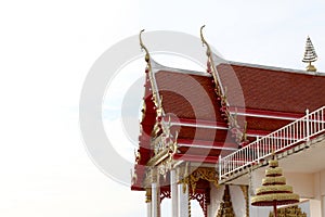 Roof temple ceramic brown red, Church roof temple asia thai on white sky