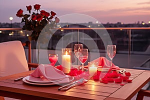 Roof terrace with festive table setting for romantic dinner by candlelight with city view. Decorations for Valentine