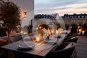 Roof terrace with festive table setting for romantic dinner by candlelight with city view. Decorations for Valentine