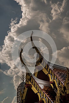 The roof of the Thai temple, along with the gable at the top of the temple roof that receives on beautiful sun