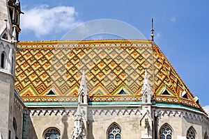 Roof tiles of Matthias church in Fisherman`s bastion, Budapest, Hungary