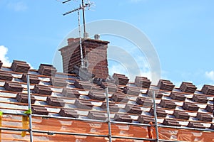 Roof tiles in piles. Roof repair.