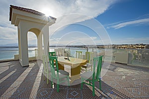 Roof top dining area at a luxury tropical hotel resort