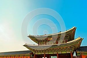 Roof top of the entrance to Gyeongbokgung Palace - the main royal palace of the Joseon dynasty - Seoul, South Korea