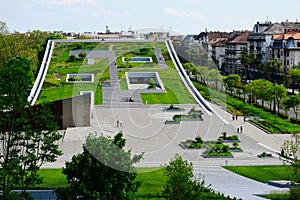 the roof top garden and public park at the Museum of Ethnography in Budapest. lush green garden.